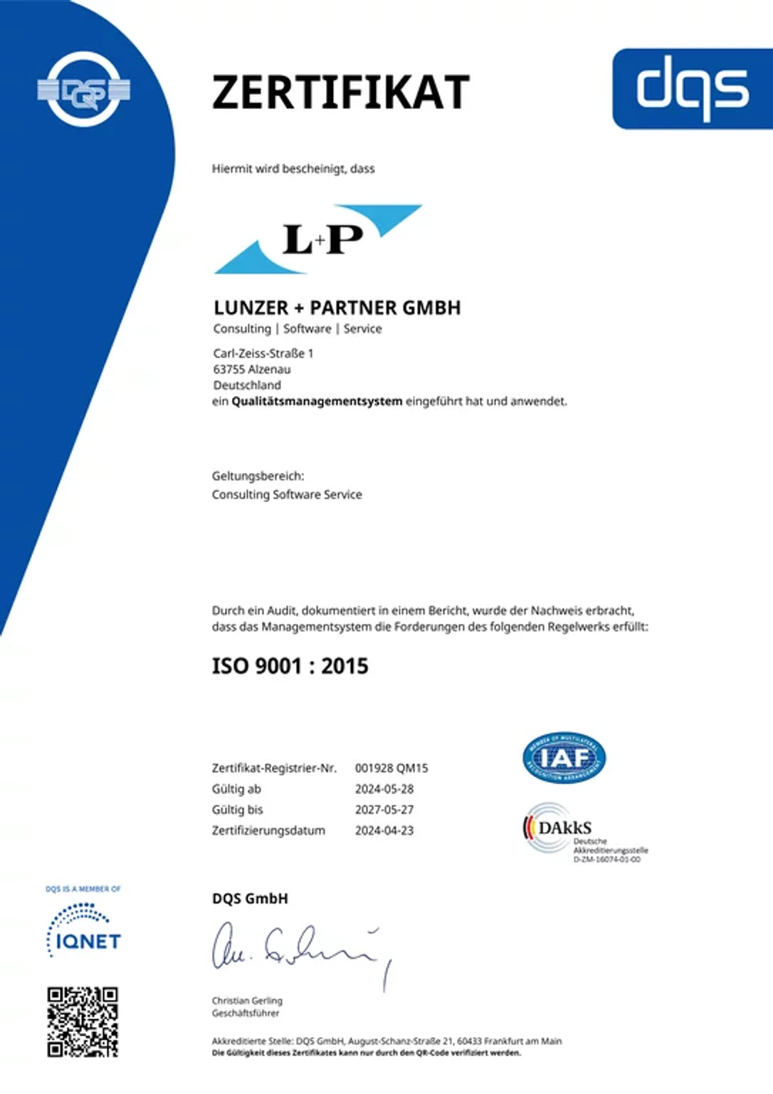 ISO-9001-Zertifikat der DQS für die LUNZER + PARTNER GmbH